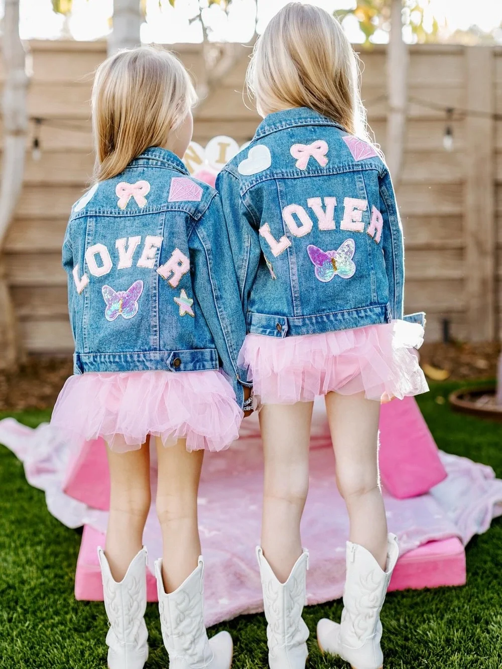 Girls Blue Denim Jacket with Pink 'LOVER' Patches